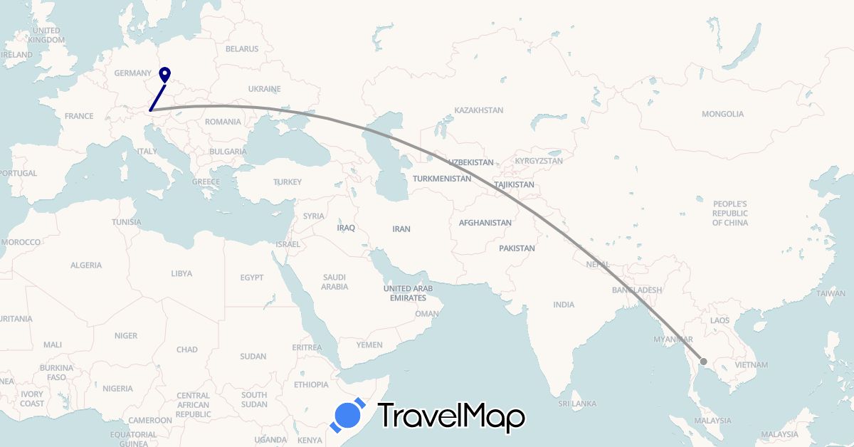 TravelMap itinerary: driving, plane in Austria, Czech Republic, Thailand (Asia, Europe)